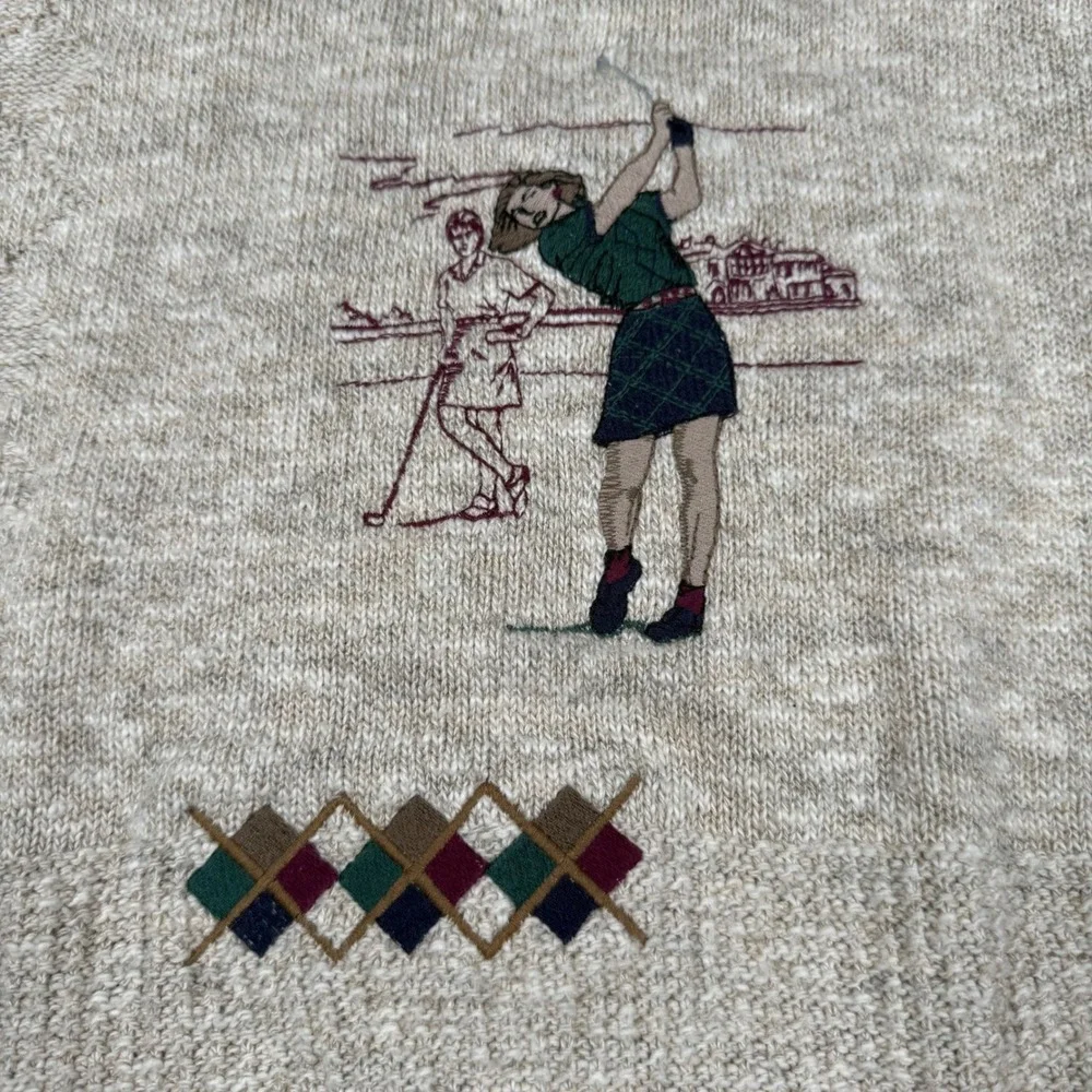Vintage Winona Golf Embroidered Knit Sweater Womens Large Oatmeal Argyle USA